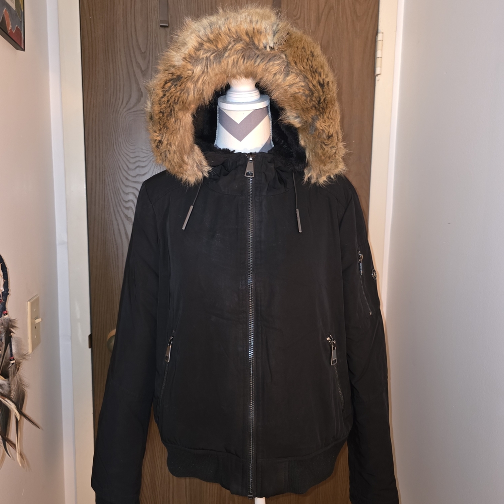 Calvin Klein Black Bomber Jacket with Tan Faux Fur Hood